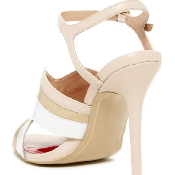 CHARLES JOURDAN LAURALIN LEATHER ANKLE STRAP HEELS SILVER GOLD BLUSH 8.5 NWOT - Picture 6 of 8